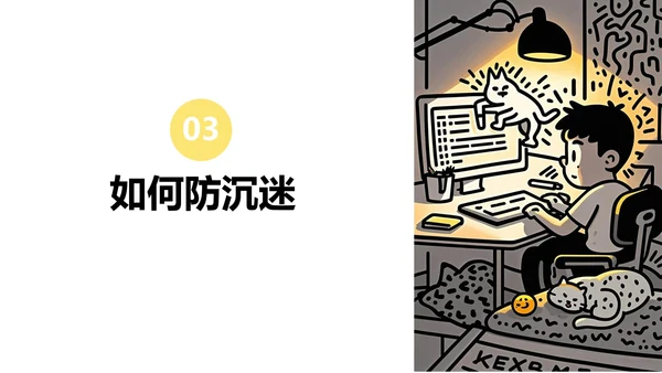 黄黑色插画线条网瘾的学校主题班会PPT模板