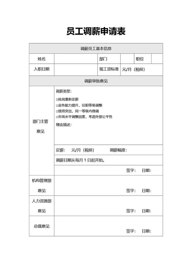 简约风员工调薪申请表