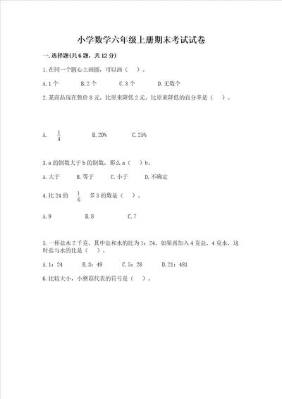 小学数学六年级上册期末考试试卷及参考答案【培优b卷】