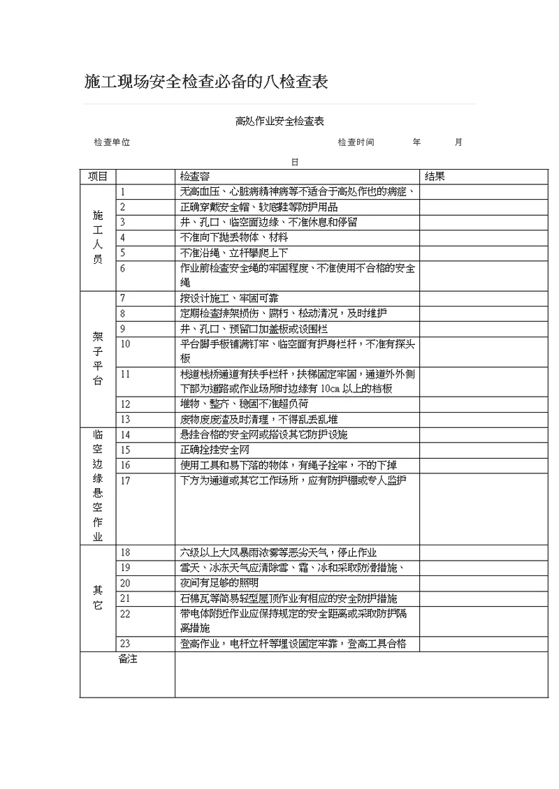 施工现场安全检查必备的八张检查表