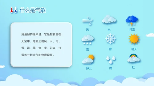蓝色清新卡通儿童立体图标气象知识科普主题班会PPT世界气象日