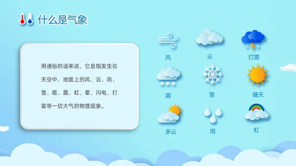 蓝色清新卡通儿童立体图标气象知识科普主题班会PPT世界气象日