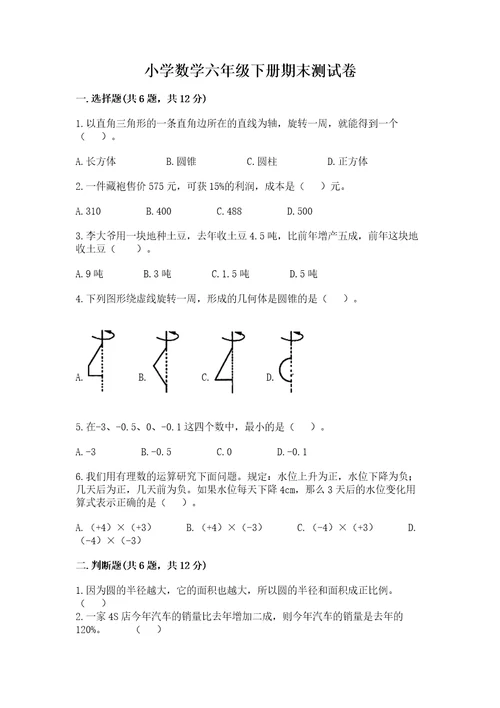 小学数学六年级下册期末测试卷精品典型题