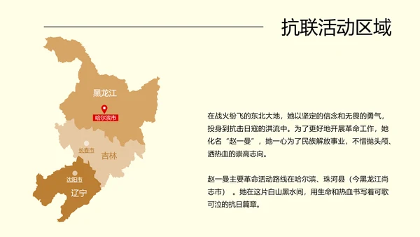 棕色中式复古做旧风格人物介绍赵一曼