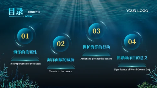 蓝色科技风世界海洋日PPT模版