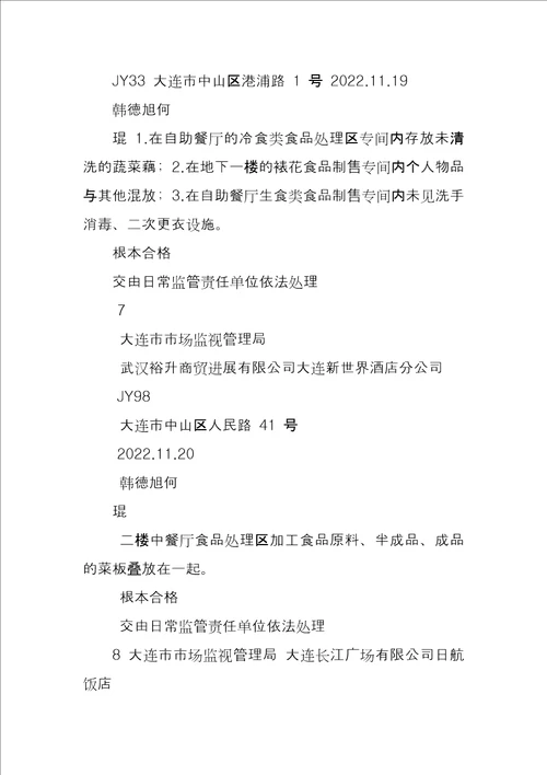 大连市市场监督管理局2022年餐饮服务行业检查情况重点检查类