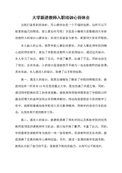 大学新进教师入职培训心得体会