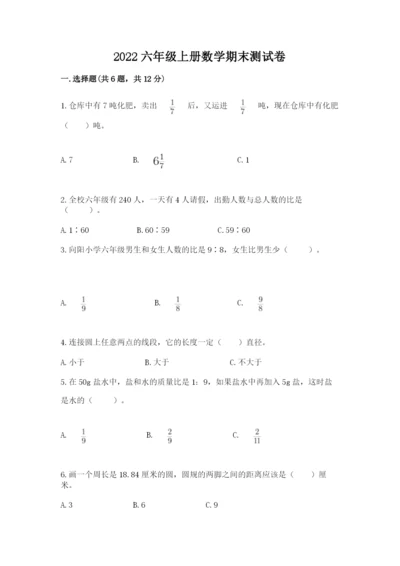 2022六年级上册数学期末测试卷及参考答案【精练】.docx