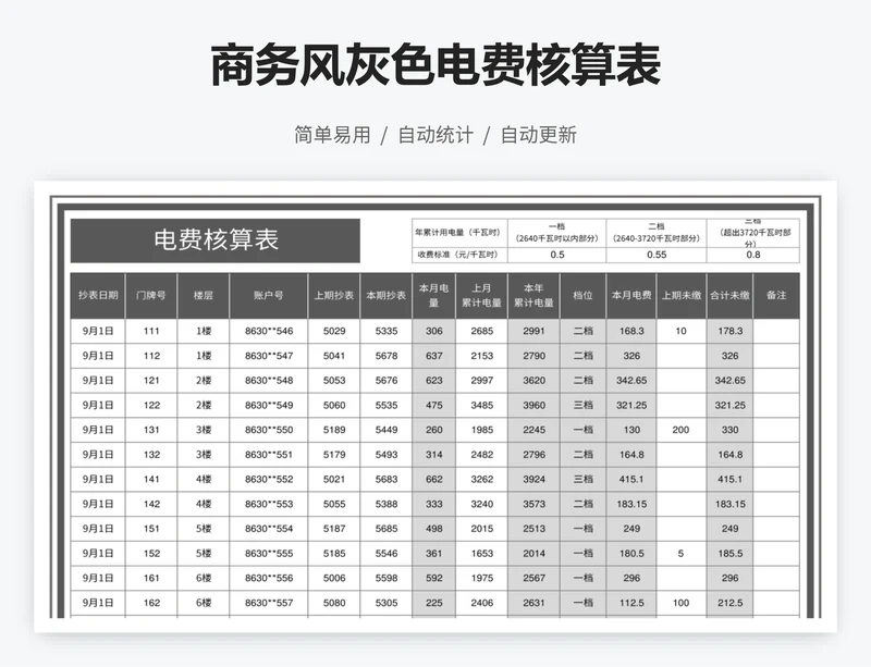 商务风灰色电费核算表