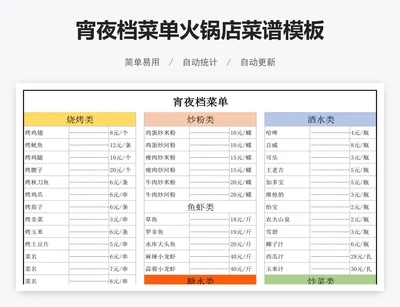 宵夜档菜单火锅店菜谱模板