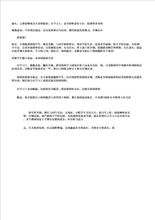 中职班主任评语