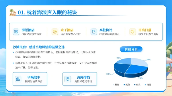 蓝色卡通3D风沙滩踏浪，夏日出游PPT模板