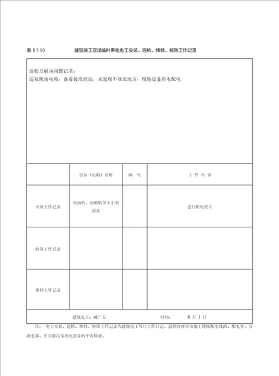 表优质建筑综合施工现场临时用电电工安装巡检维修拆除工作记录