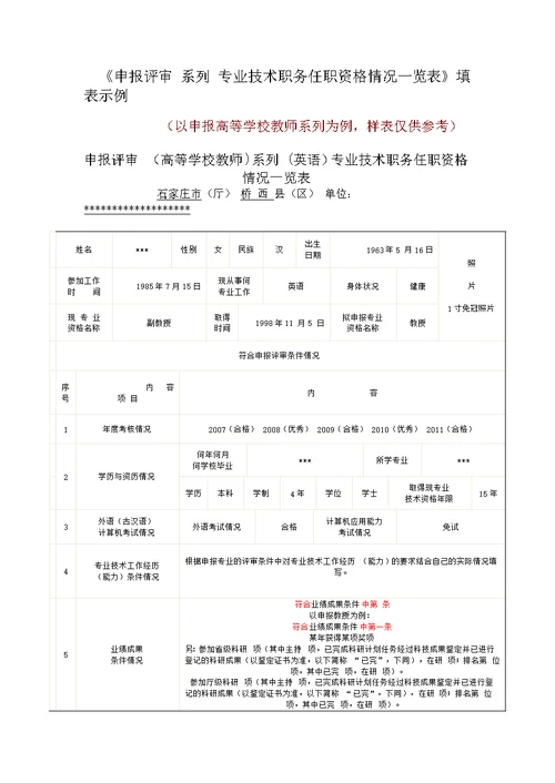 《专业技术职务资格评审表》填表说明