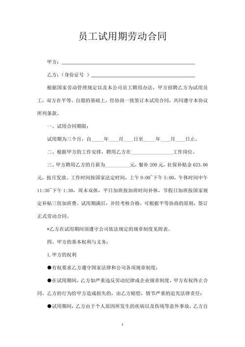 员工试用期劳动合同模版
