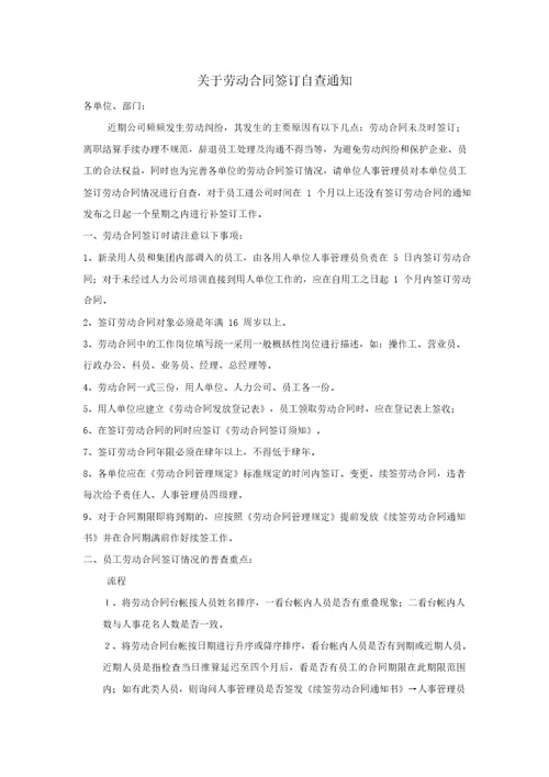 关于劳动合同签订自查通知