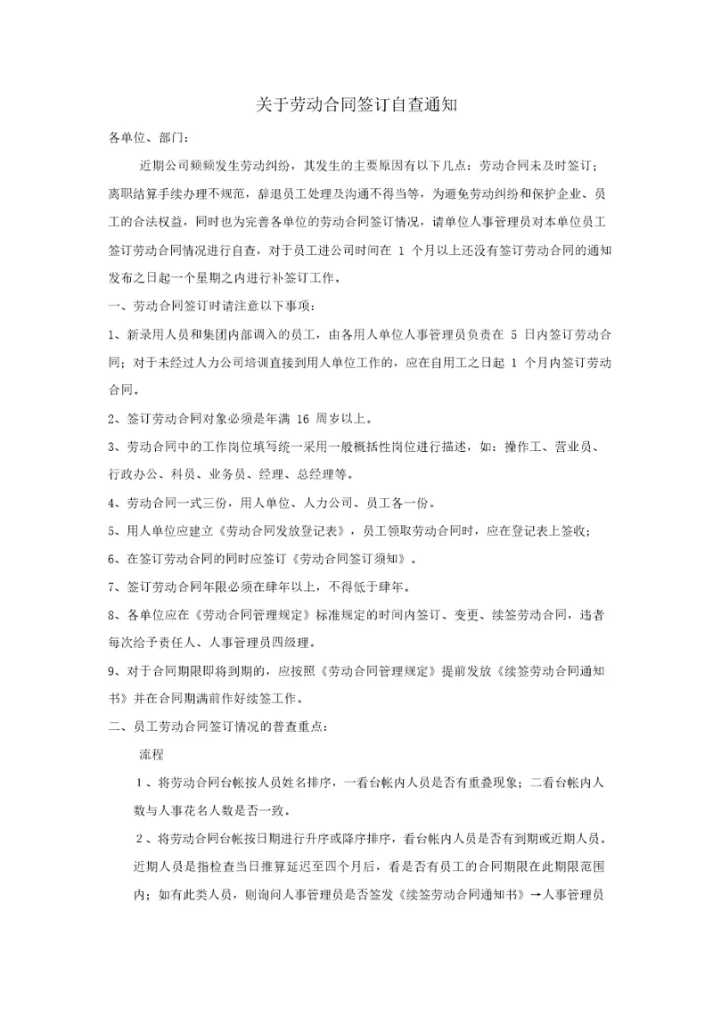 关于劳动合同签订自查通知