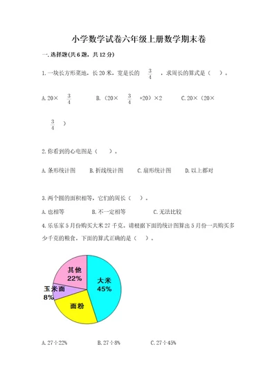 小学数学试卷六年级上册数学期末卷必考