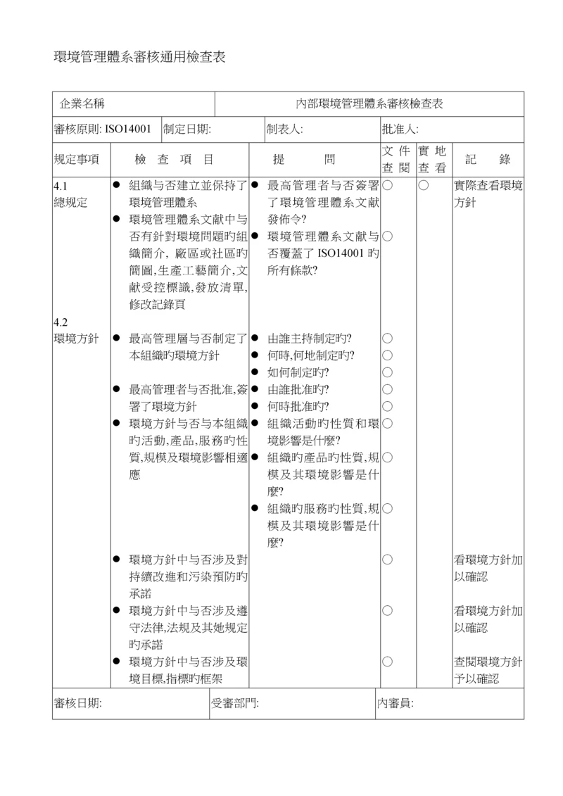 ISO14001环境管理全新体系审核通用检查表.docx