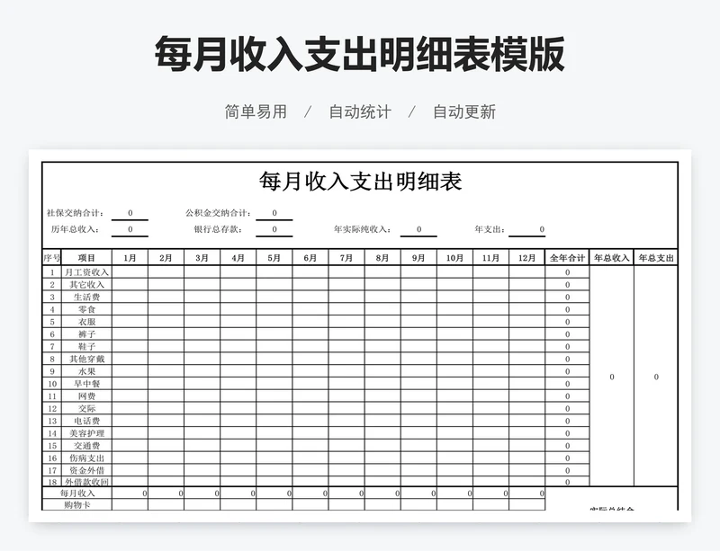每月收入支出明细表模版