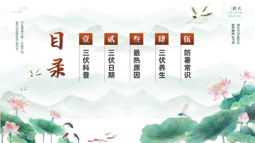 绿色中国风水彩水墨荷花二十四中国节气之三伏天知识介绍PPT