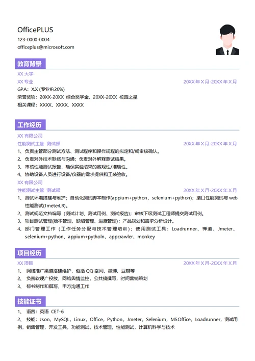 性能测试主管个人简历