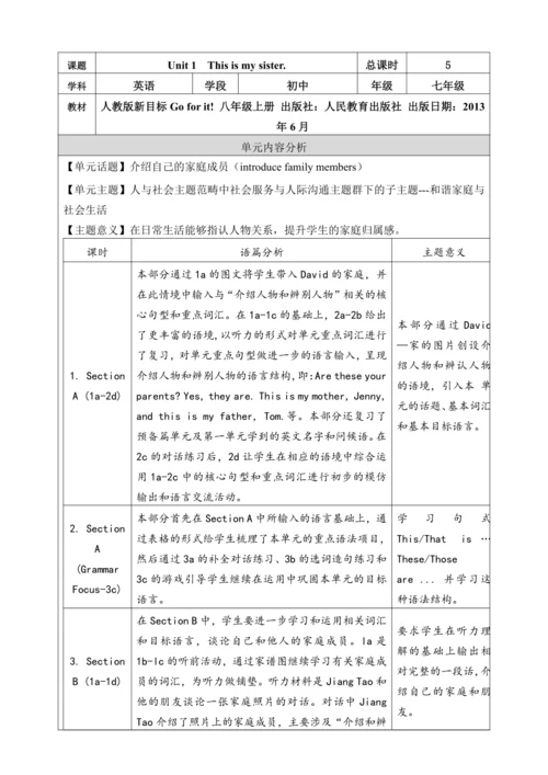 Unit 2 This is my sister. 单元整体教学分析