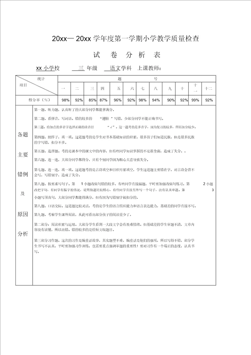 部编版语文三年级上册期末试卷分析 4809