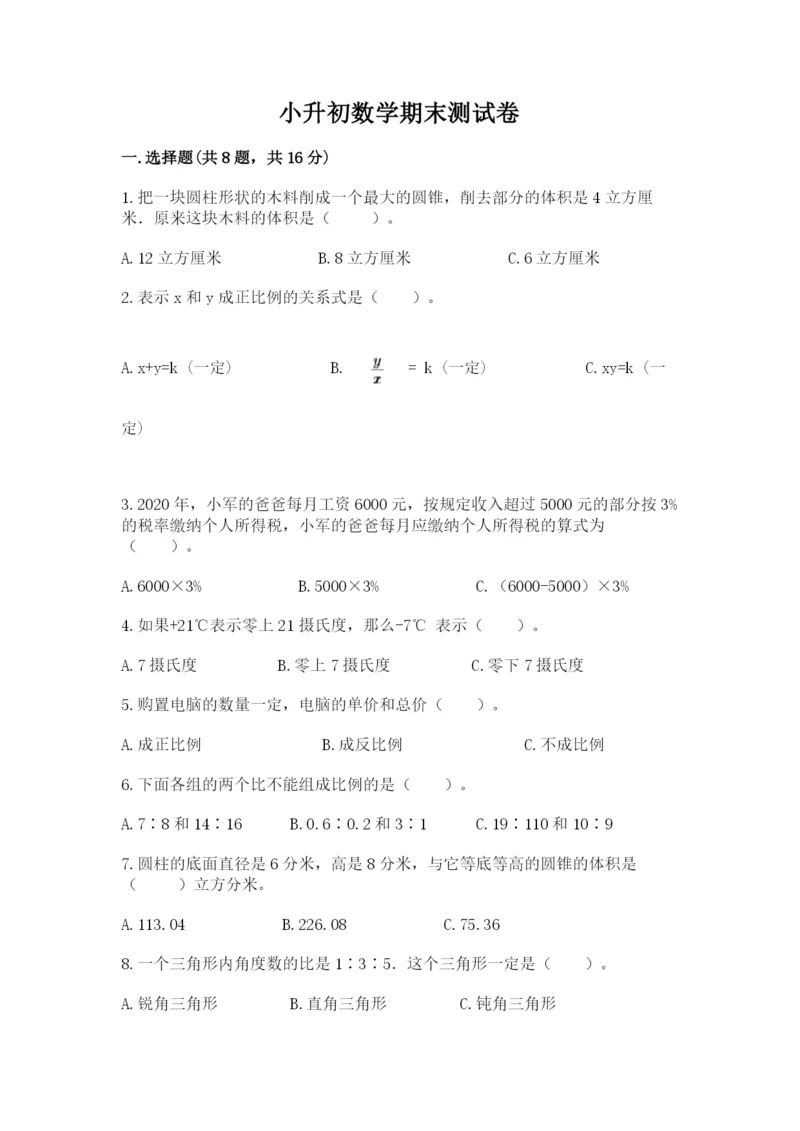 小升初数学期末测试卷精品（巩固）.docx