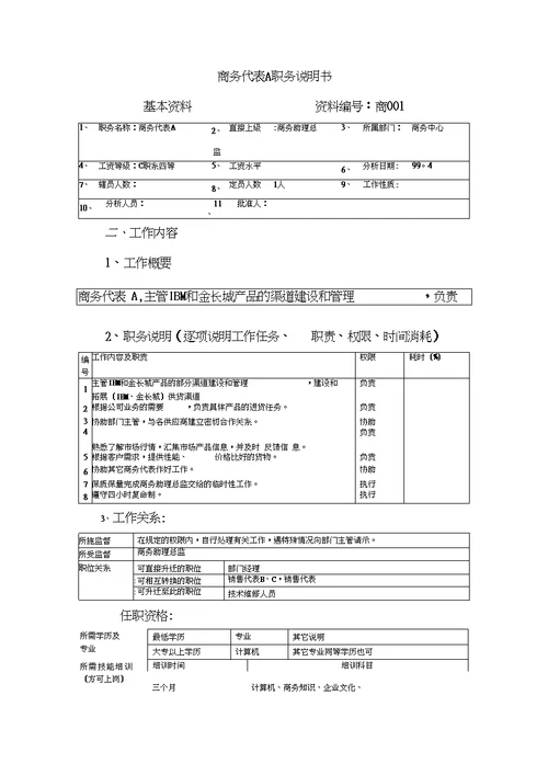 商务代表a职务说明书