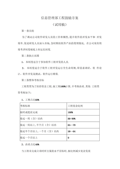 信息管理部项目激励方案