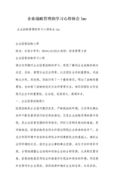 企业战略管理的学习心得体会lmc