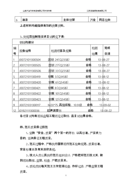 钢结构主体验收自评报告范本