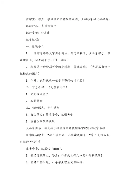 五年级语文下册松鼠教案