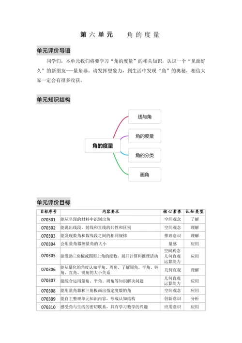 【素养进阶单元结构化评价工具】四年级上册第三单元《角的度量》整单元作业设计(附：答案版)