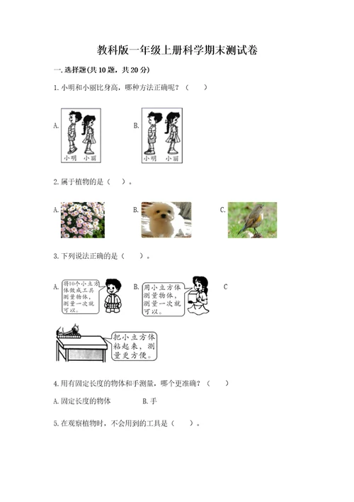 教科版一年级上册科学期末测试卷含完整答案（全国通用）