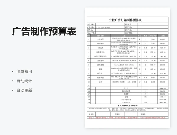 广告制作预算表