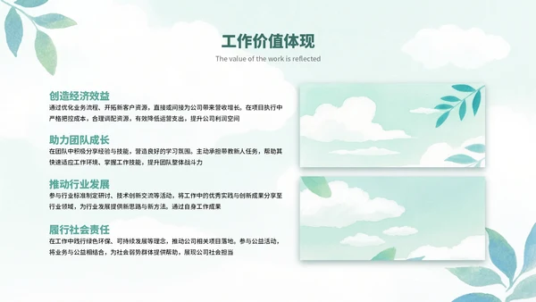 绿色清新简约水彩叶子工作总结工作汇报案例分析通用PPT模板