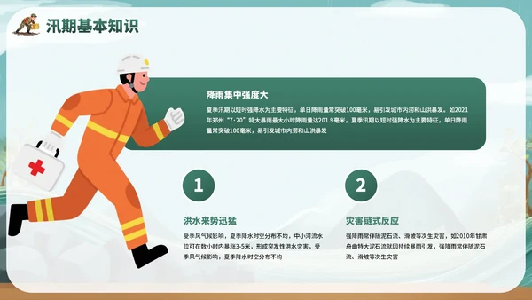 绿色卡通风夏季防洪防汛安全教育主题班会PPT模板