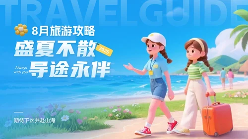 蓝金色3D立体风8月旅游攻略旅游游玩路线