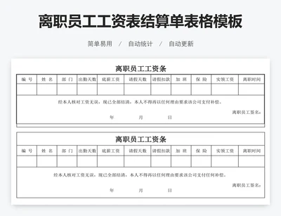 离职员工工资表结算单表格模板