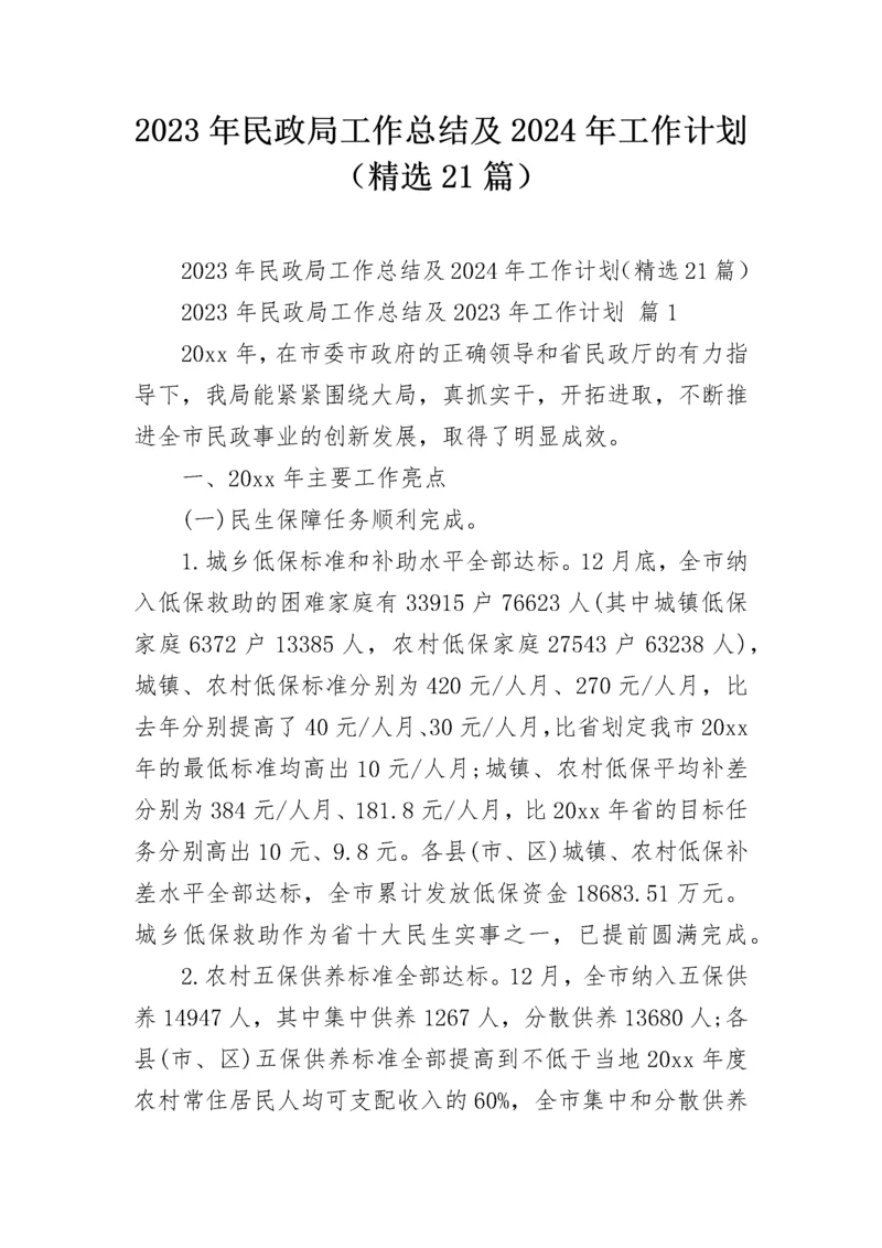 2023年民政局工作总结及2024年工作计划（精选21篇）.docx