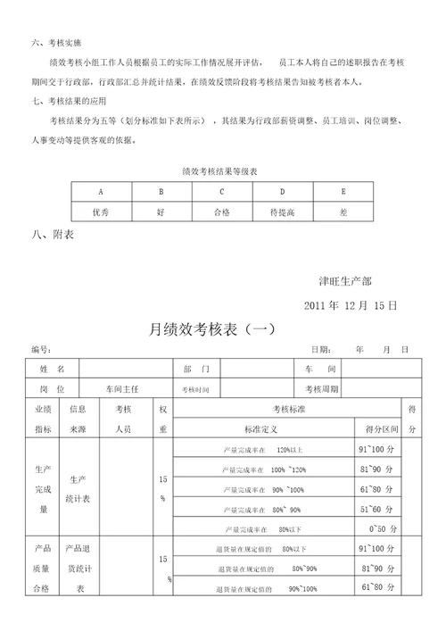 生产部绩效考核方案报表