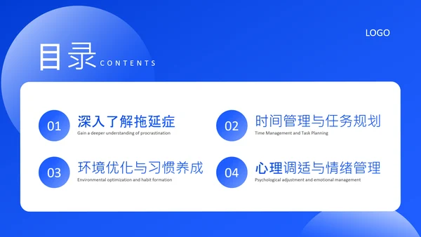 蓝色创意风克服拖延症方法PPT