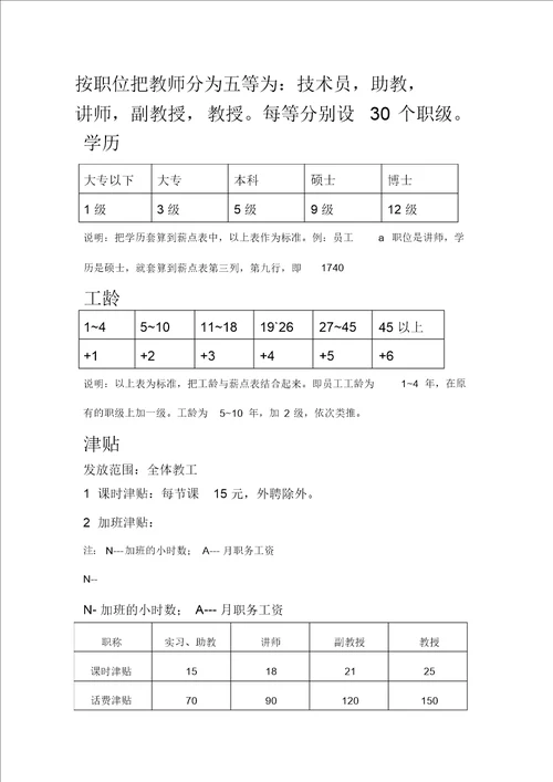 某大学教职工薪酬体系