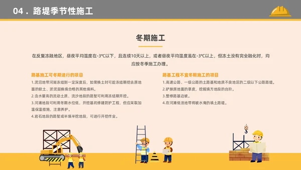 橙色黄色卡通插画简约路基施工建筑施工培训动态PPT公路