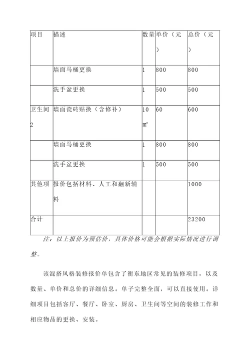 衡东混搭风格装修报价单