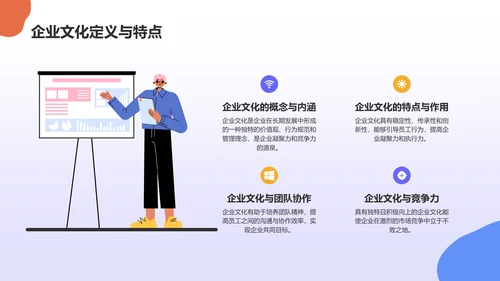 蓝色插画风企业文化与员工凝聚力毕业答辩PPT模板
