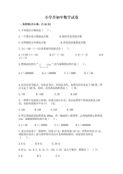 小学升初中数学试卷（易错题）wod版