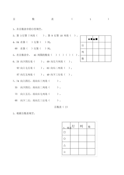 一年级数学百数表练习